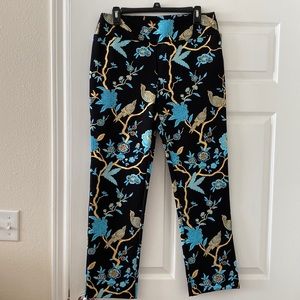 Soft Surroundings Ladies M black pants featuring blue/gold garden design
